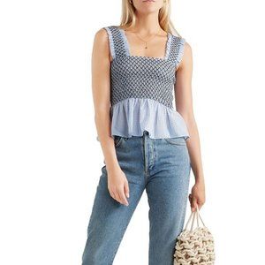 GANNI Charron Smocked Gingham Peplum Top Blouse